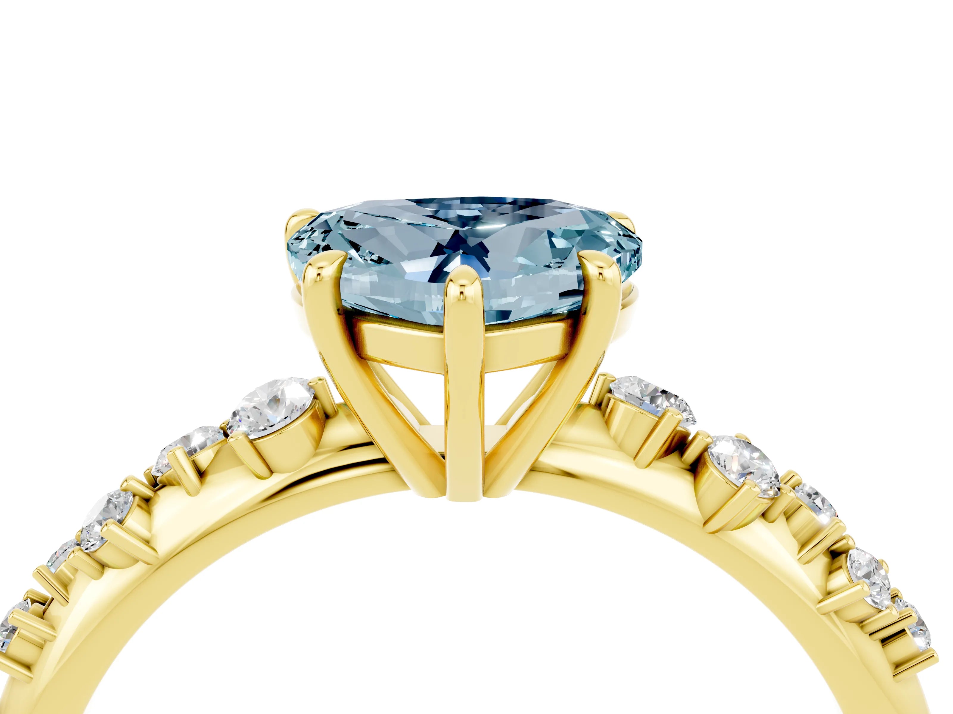 Yellow gold Heart Cut Aquamarine Cluster Side Stone Solitaire Ring with Prong Setting_28