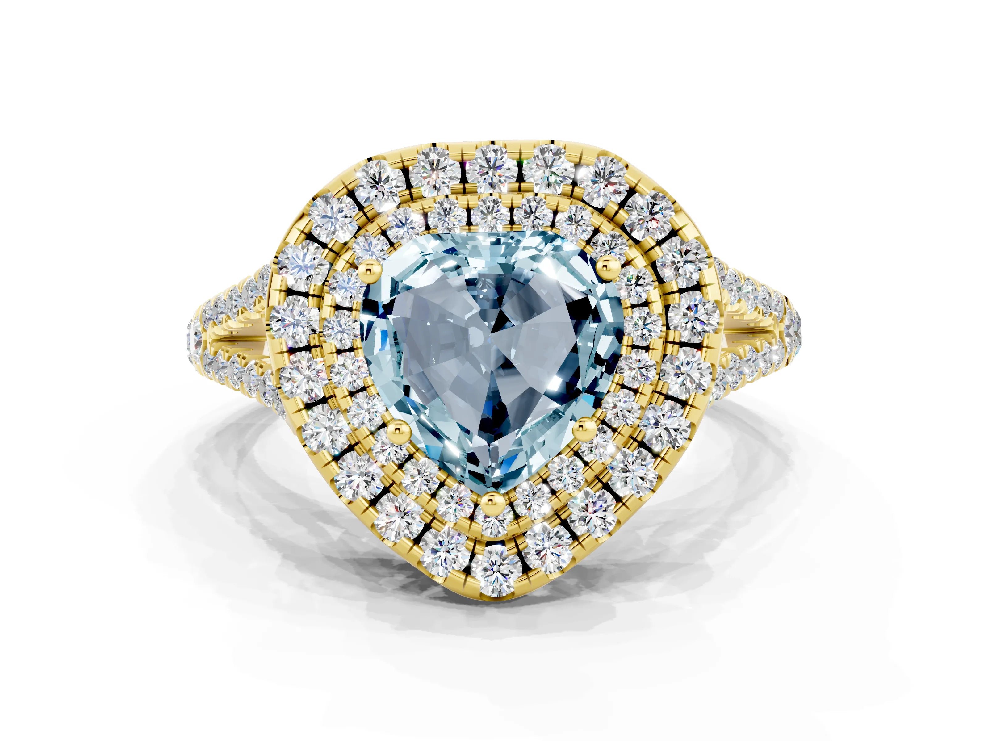 Yellow gold Heart Cut Aquamarine Double Halo Ring with Pavé Band and Prong Setting_12