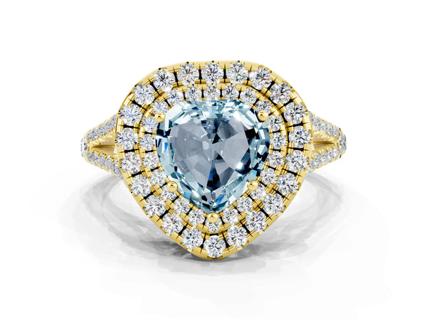Yellow gold Heart Cut Aquamarine Double Halo Ring with Pavé Band and Prong Setting
