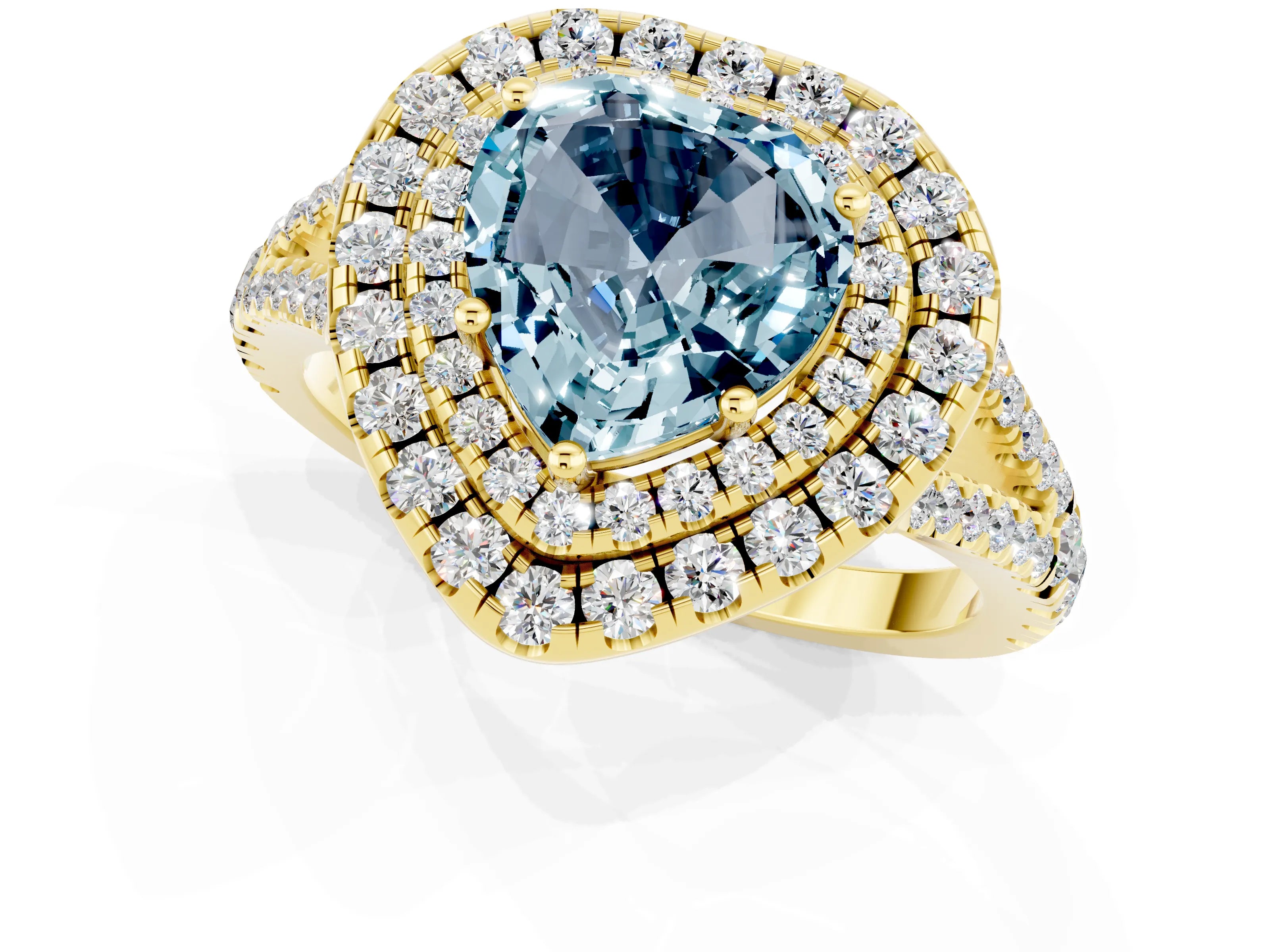 Yellow gold Heart Cut Aquamarine Double Halo Ring with Pavé Band and Prong Setting_13