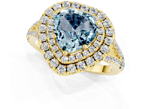 Yellow gold Heart Cut Aquamarine Double Halo Ring with Pavé Band and Prong Setting_13