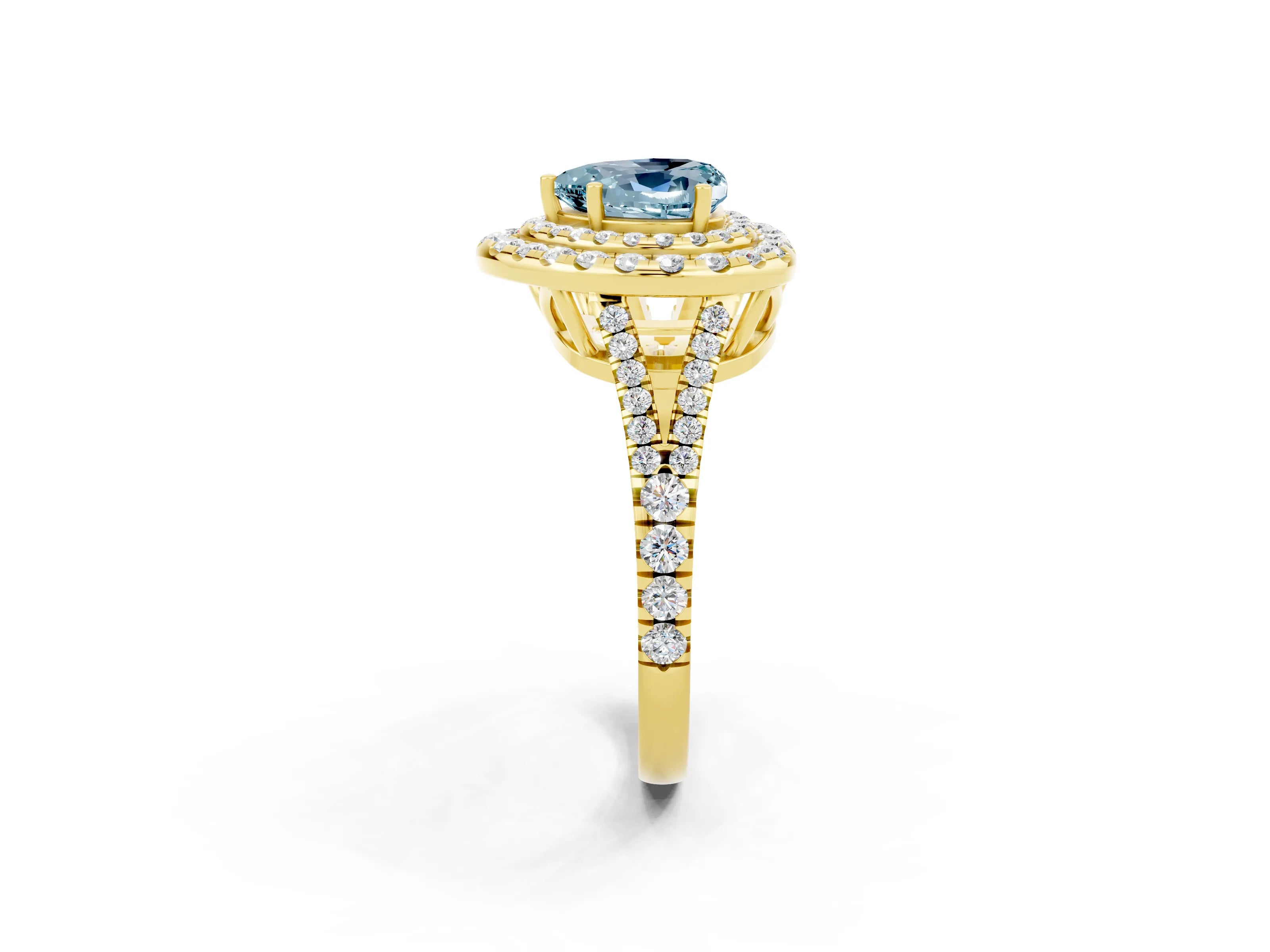 Yellow gold Heart Cut Aquamarine Double Halo Ring with Pavé Band and Prong Setting_14