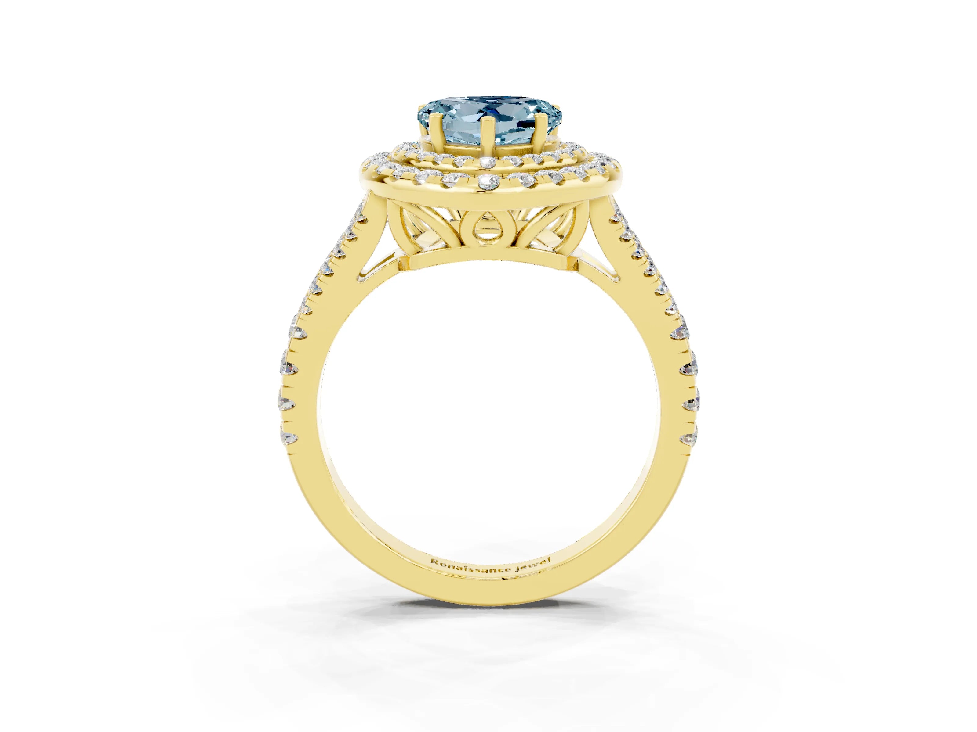 Yellow gold Heart Cut Aquamarine Double Halo Ring with Pavé Band and Prong Setting_15