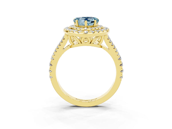 Yellow gold Heart Cut Aquamarine Double Halo Ring with Pavé Band and Prong Setting