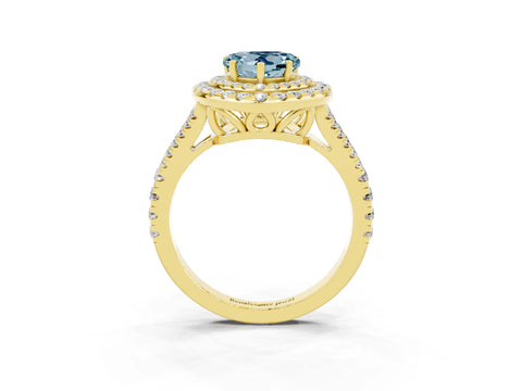 Yellow gold Heart Cut Aquamarine Double Halo Ring with Pavé Band and Prong Setting_15