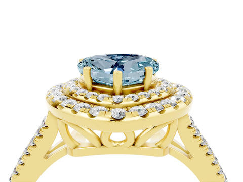 Yellow gold Heart Cut Aquamarine Double Halo Ring with Pavé Band and Prong Setting_16