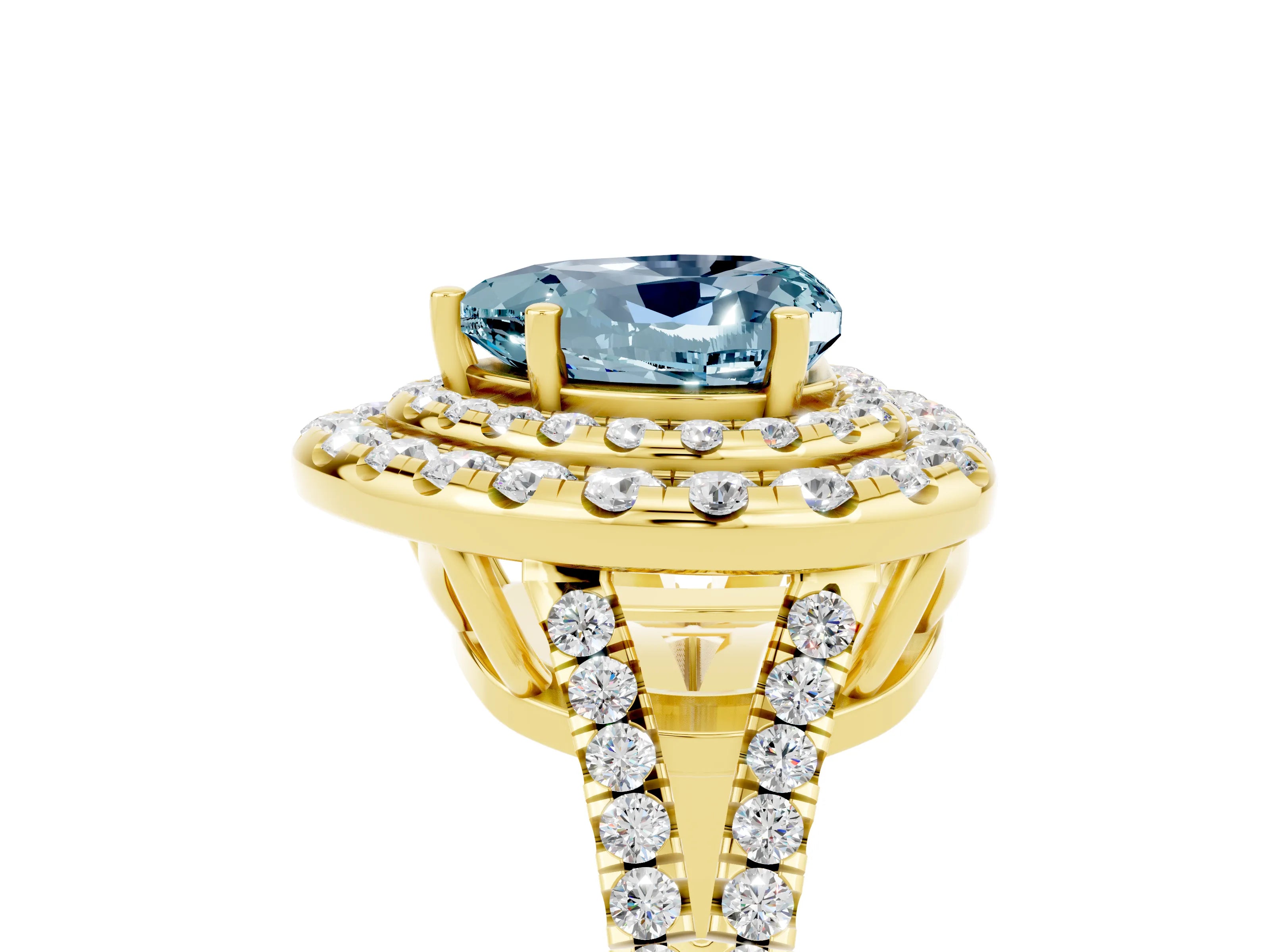 Yellow gold Heart Cut Aquamarine Double Halo Ring with Pavé Band and Prong Setting_17