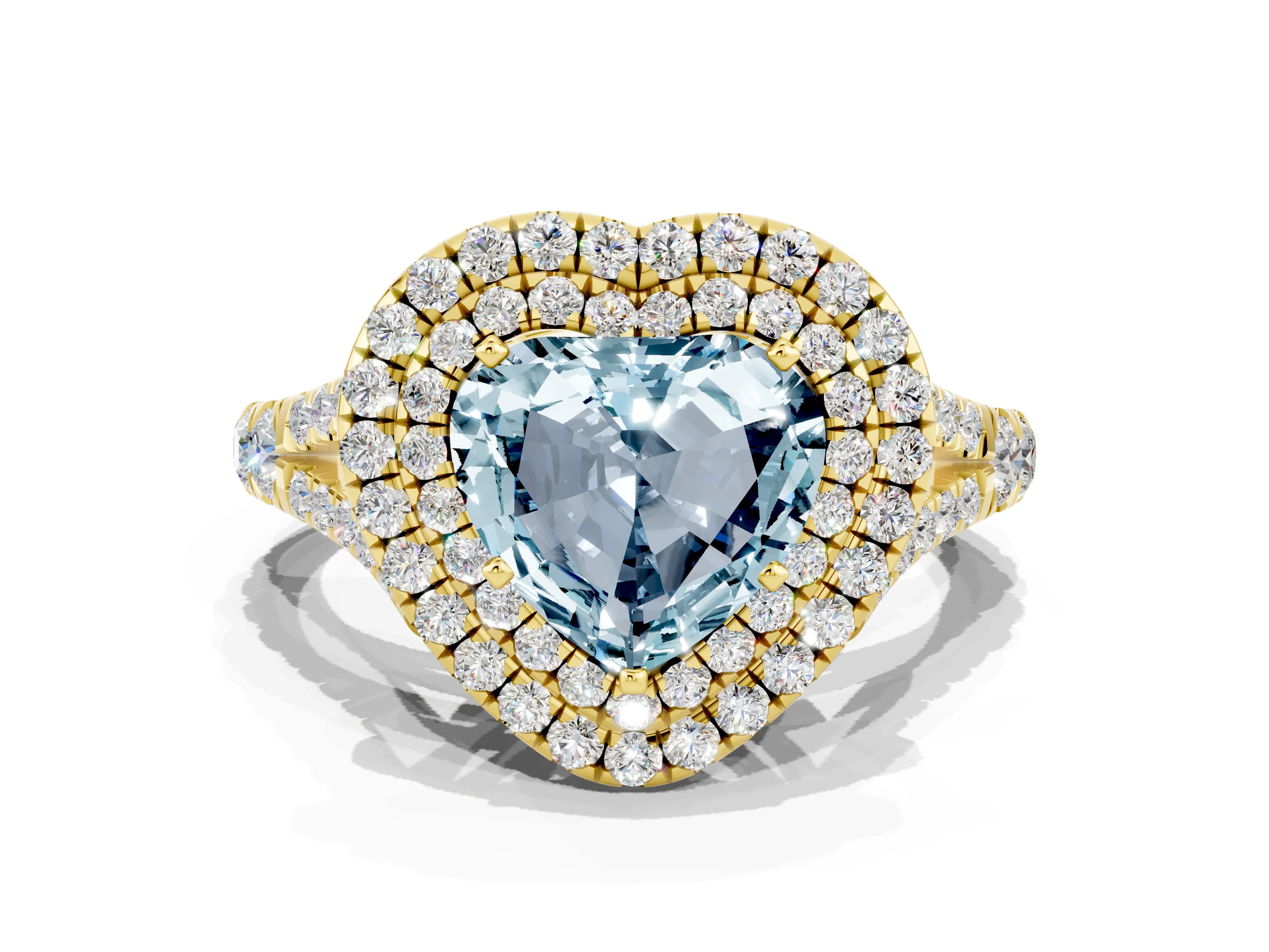 Yellow gold Heart Cut Aquamarine Double Halo Ring with Split Shank and Prong Setting_12