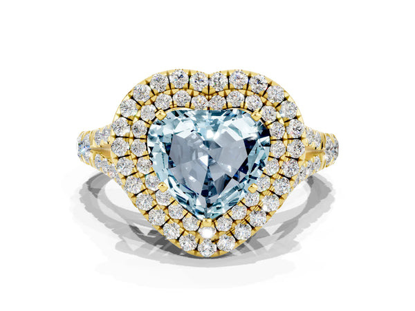 Yellow gold Heart Cut Aquamarine Double Halo Ring with Split Shank and Prong Setting