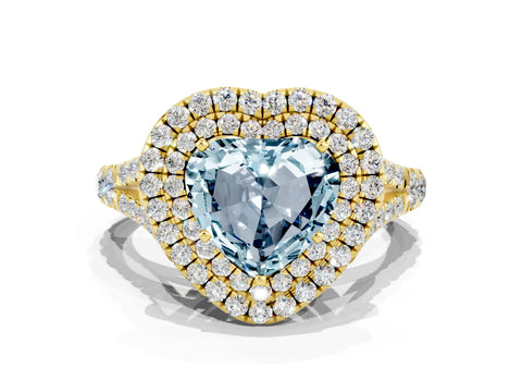 Yellow gold Heart Cut Aquamarine Double Halo Ring with Split Shank and Prong Setting_12