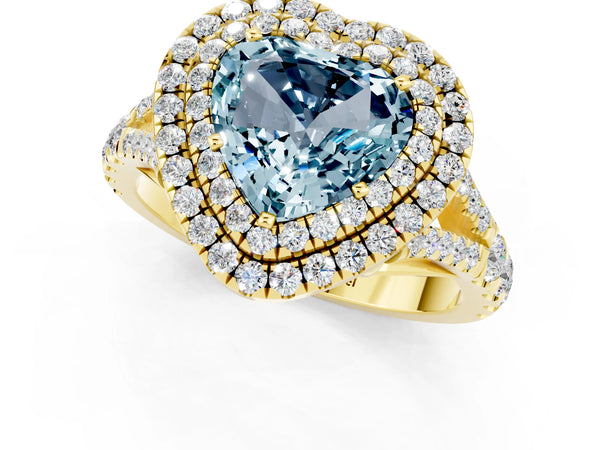 Yellow gold Heart Cut Aquamarine Double Halo Ring with Split Shank and Prong Setting