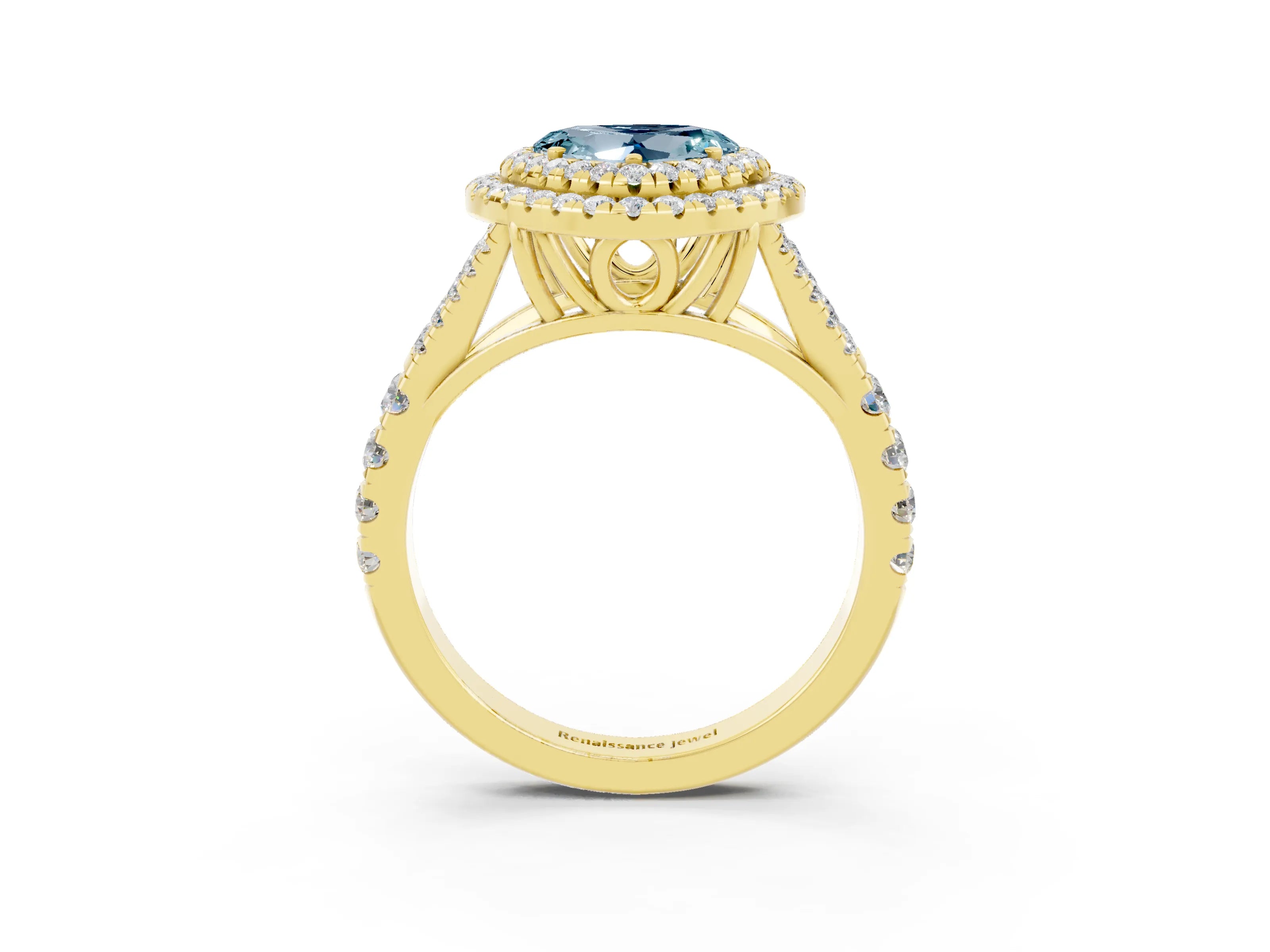 Yellow gold Heart Cut Aquamarine Double Halo Ring with Split Shank and Prong Setting_15