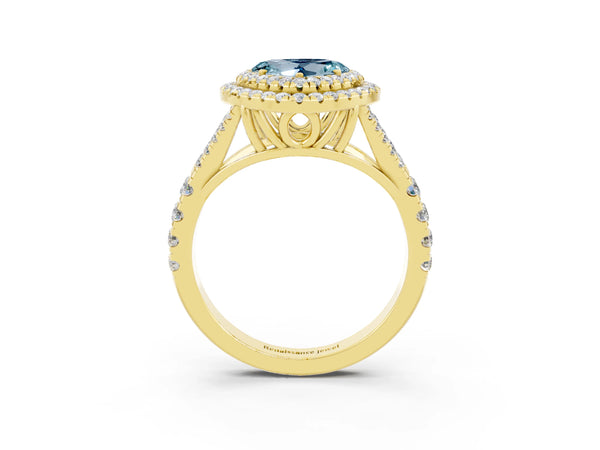 Yellow gold Heart Cut Aquamarine Double Halo Ring with Split Shank and Prong Setting