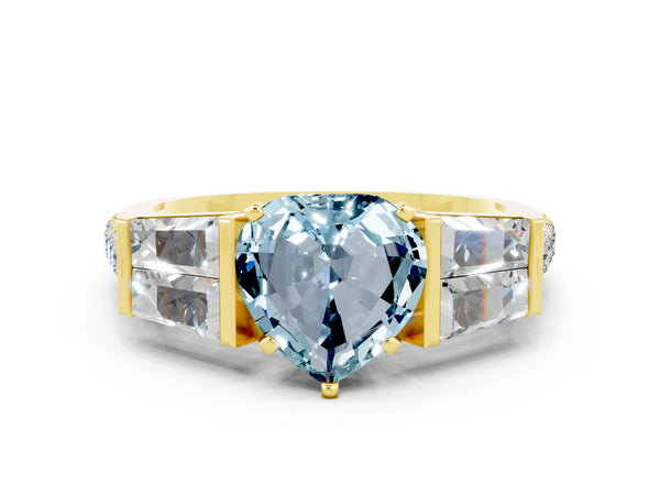 Yellow gold Heart Cut Aquamarine Engagement Ring with Baguette Side Stones and Channel Set Band