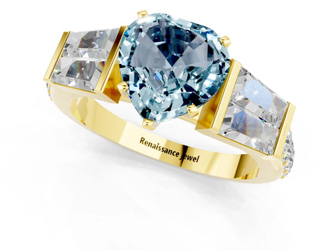 Yellow gold Heart Cut Aquamarine Engagement Ring with Baguette Side Stones and Channel Set Band_1