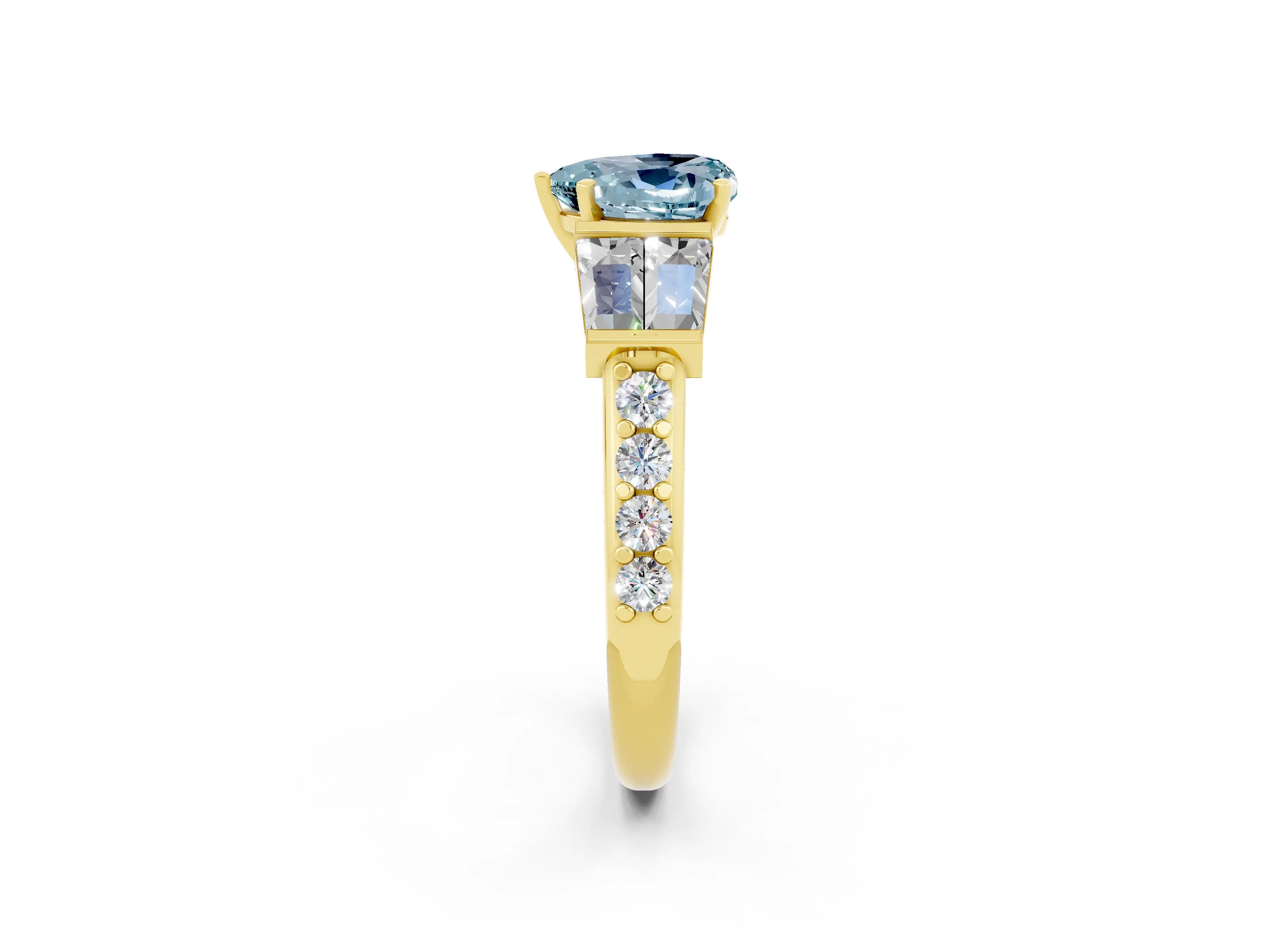 Yellow gold Heart Cut Aquamarine Engagement Ring with Baguette Side Stones and Channel Set Band_2