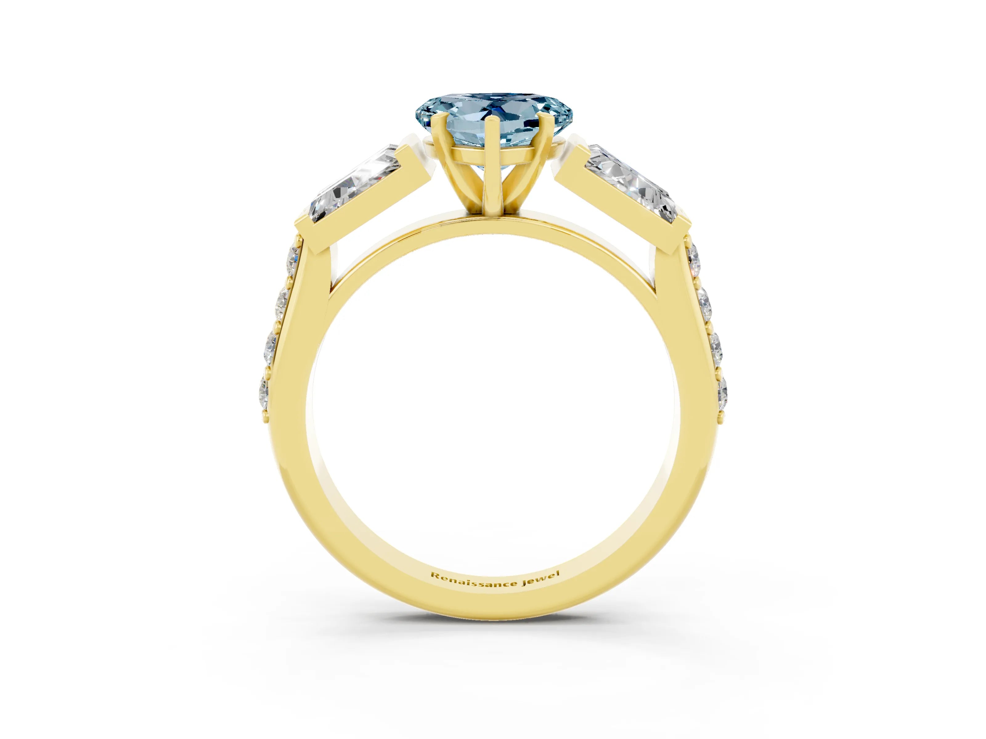 Yellow gold Heart Cut Aquamarine Engagement Ring with Baguette Side Stones and Channel Set Band_3