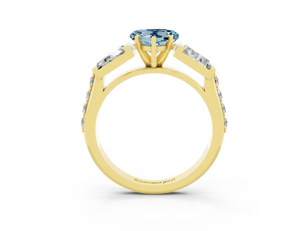 Yellow gold Heart Cut Aquamarine Engagement Ring with Baguette Side Stones and Channel Set Band