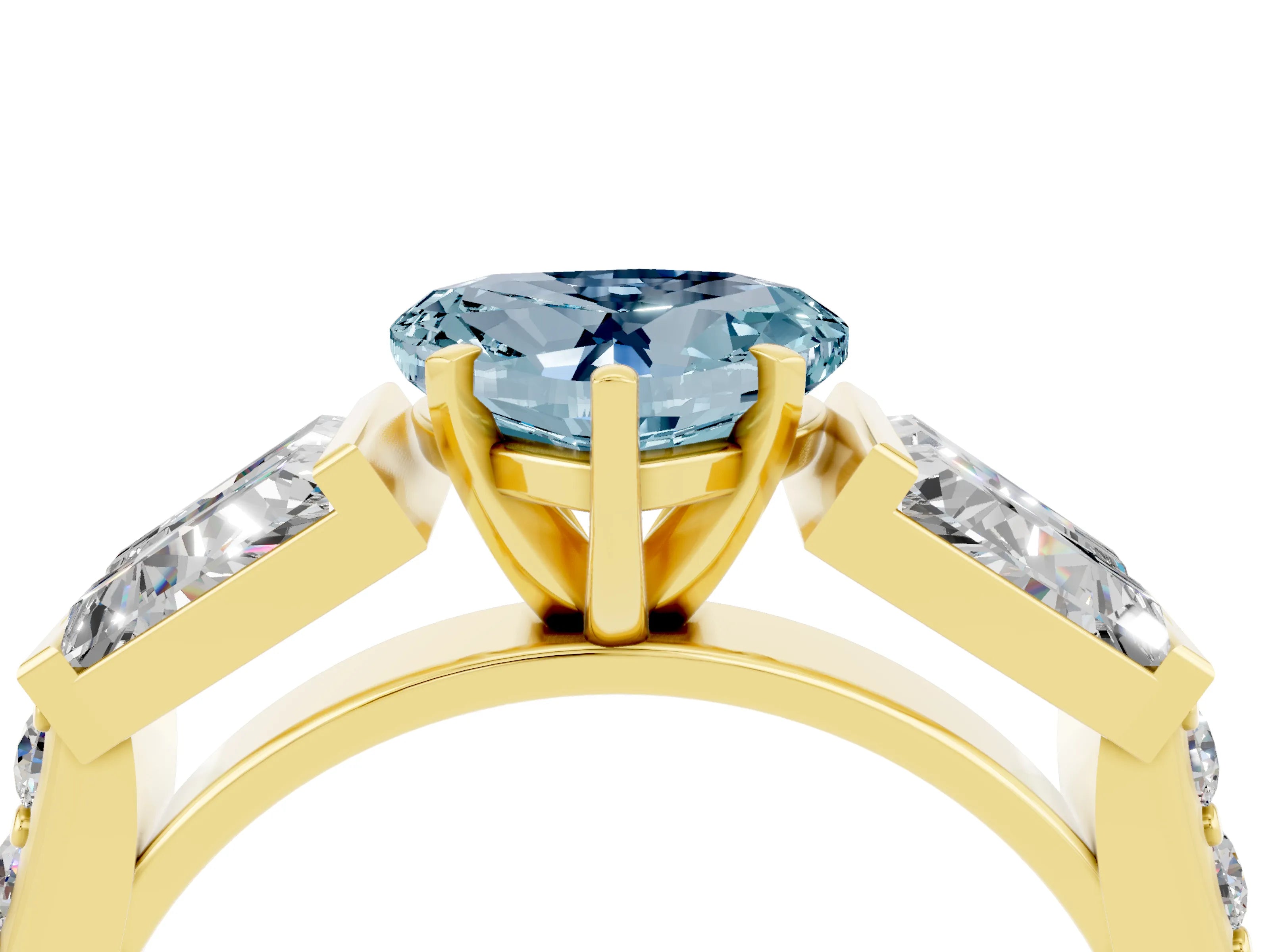 Yellow gold Heart Cut Aquamarine Engagement Ring with Baguette Side Stones and Channel Set Band_4