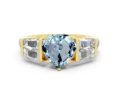Yellow gold Heart Cut Aquamarine Engagement Ring with Baguette Side Stones and Channel Set Band