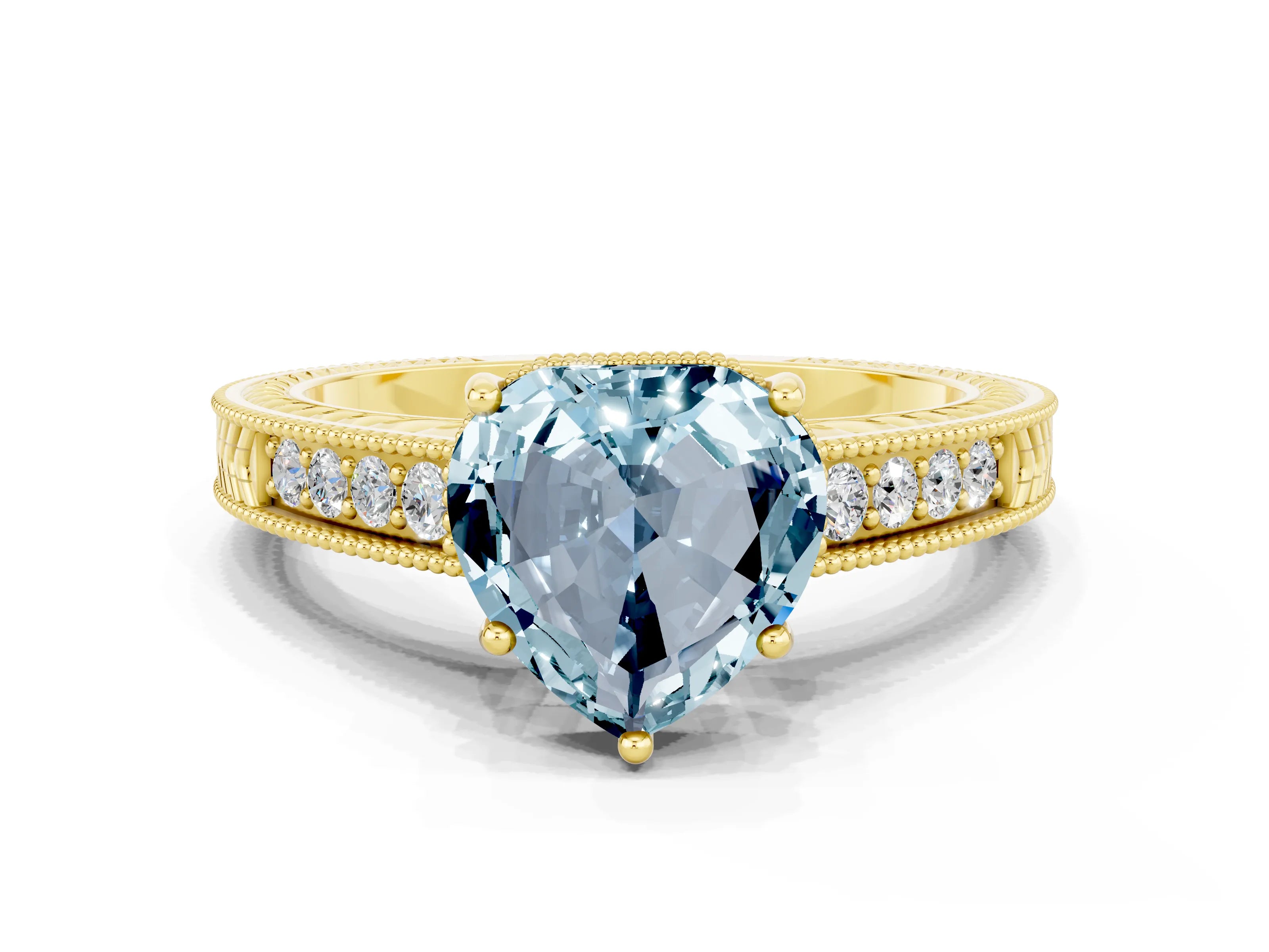 Yellow gold Heart Cut Aquamarine Engagement Ring with Milgrain Channel Set Band and Prong Setting
