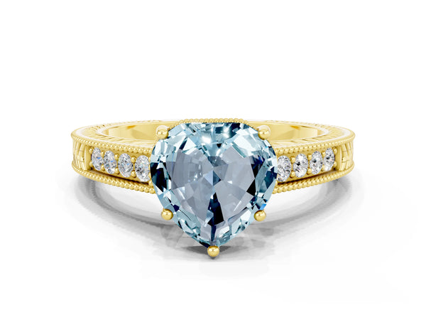Yellow gold Heart Cut Aquamarine Engagement Ring with Milgrain Channel Set Band and Prong Setting