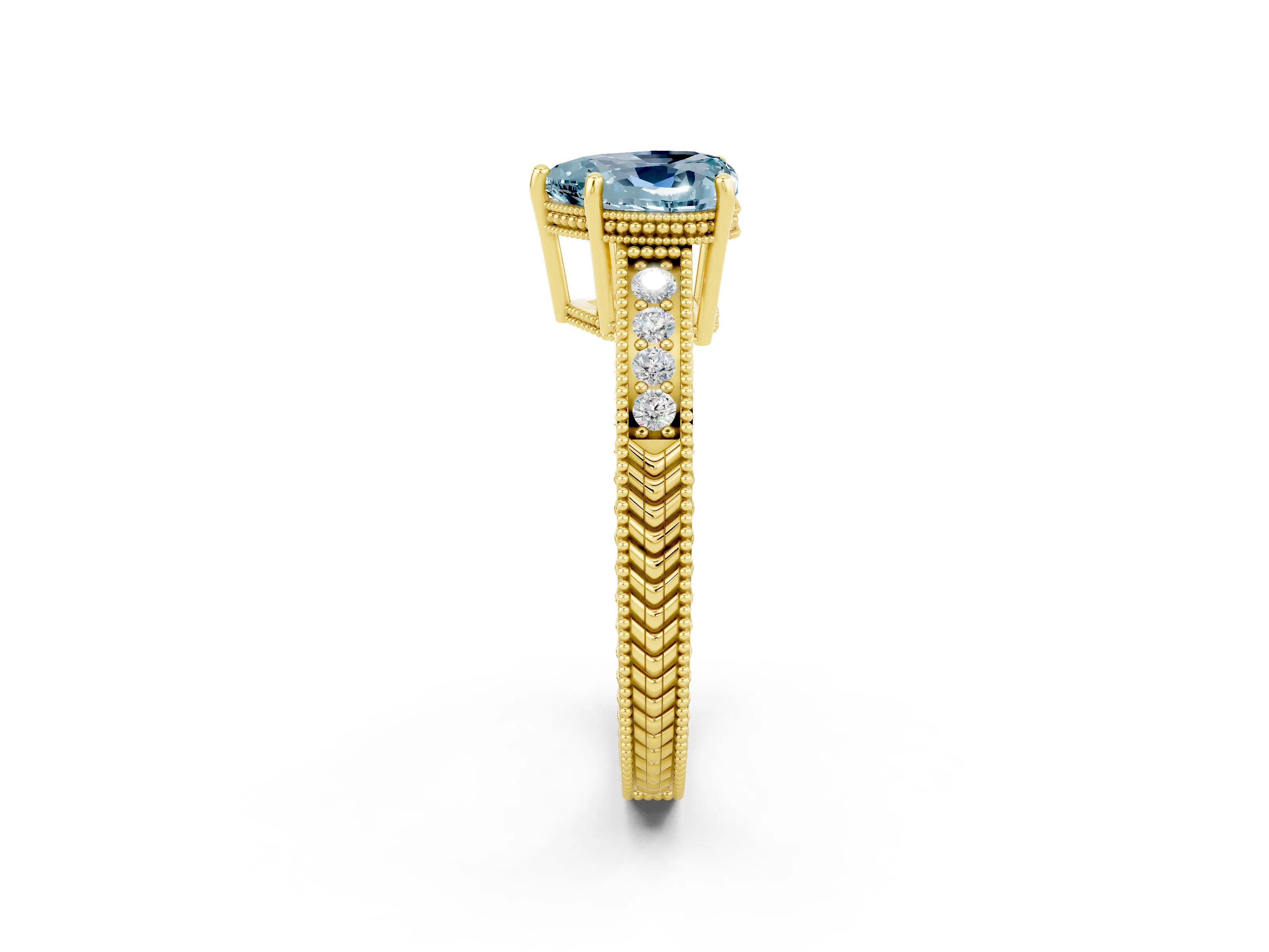 Yellow gold Heart Cut Aquamarine Engagement Ring with Milgrain Channel Set Band and Prong Setting_2
