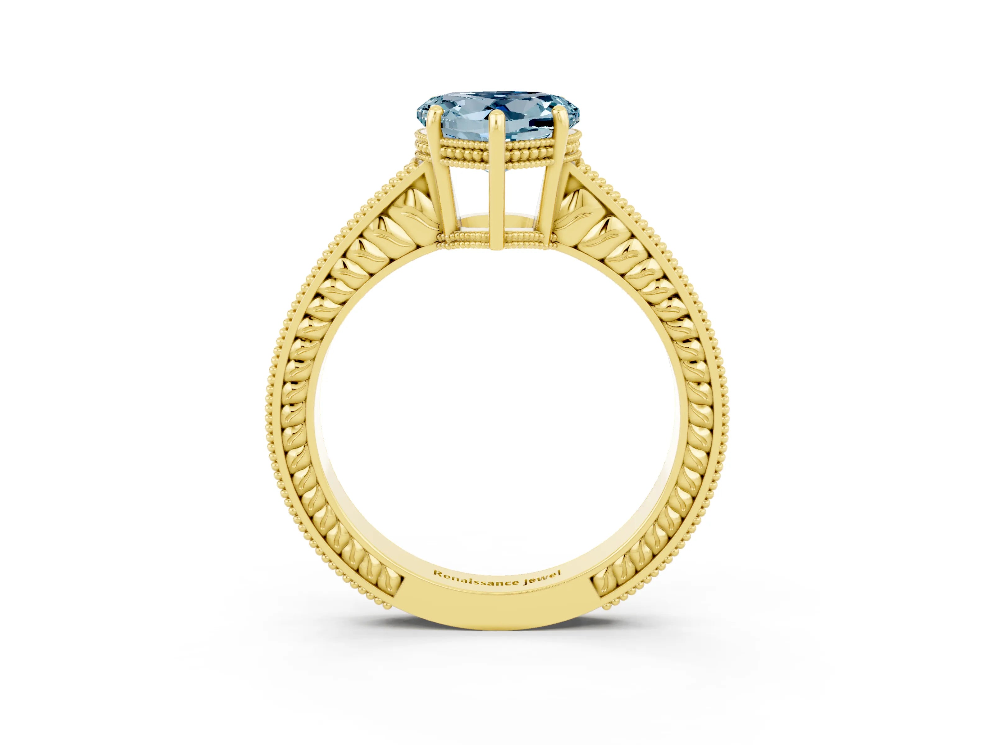 Yellow gold Heart Cut Aquamarine Engagement Ring with Milgrain Channel Set Band and Prong Setting_3