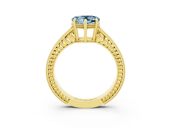 Yellow gold Heart Cut Aquamarine Engagement Ring with Milgrain Channel Set Band and Prong Setting