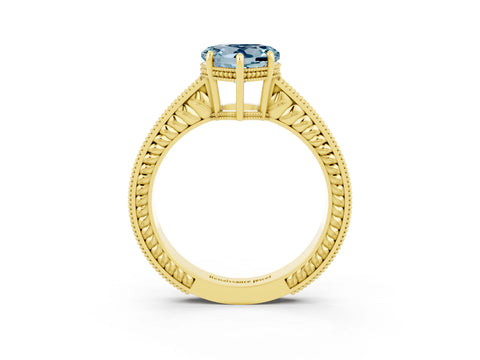 Yellow gold Heart Cut Aquamarine Engagement Ring with Milgrain Channel Set Band and Prong Setting_3