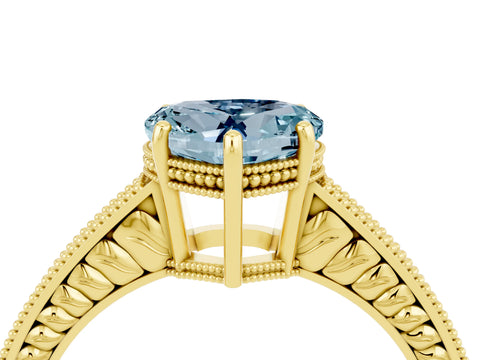 Yellow gold Heart Cut Aquamarine Engagement Ring with Milgrain Channel Set Band and Prong Setting_4