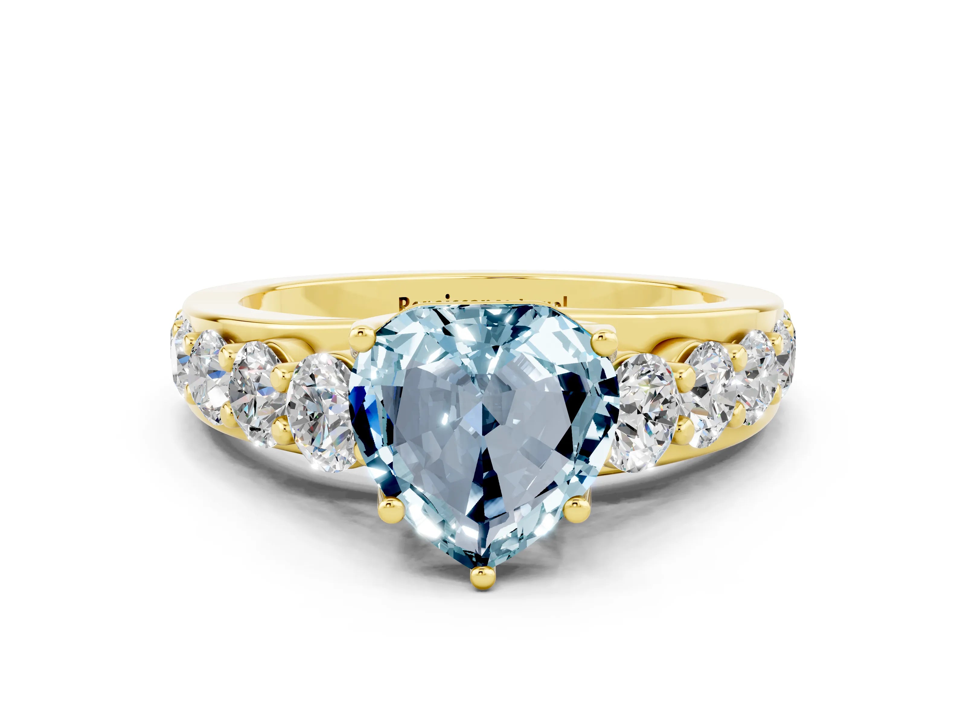 Yellow gold Heart Cut Aquamarine Engagement Ring with Pavé Band and Four-Prong Setting