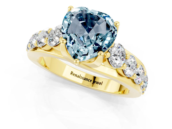Yellow gold Heart Cut Aquamarine Engagement Ring with Pavé Band and Four-Prong Setting