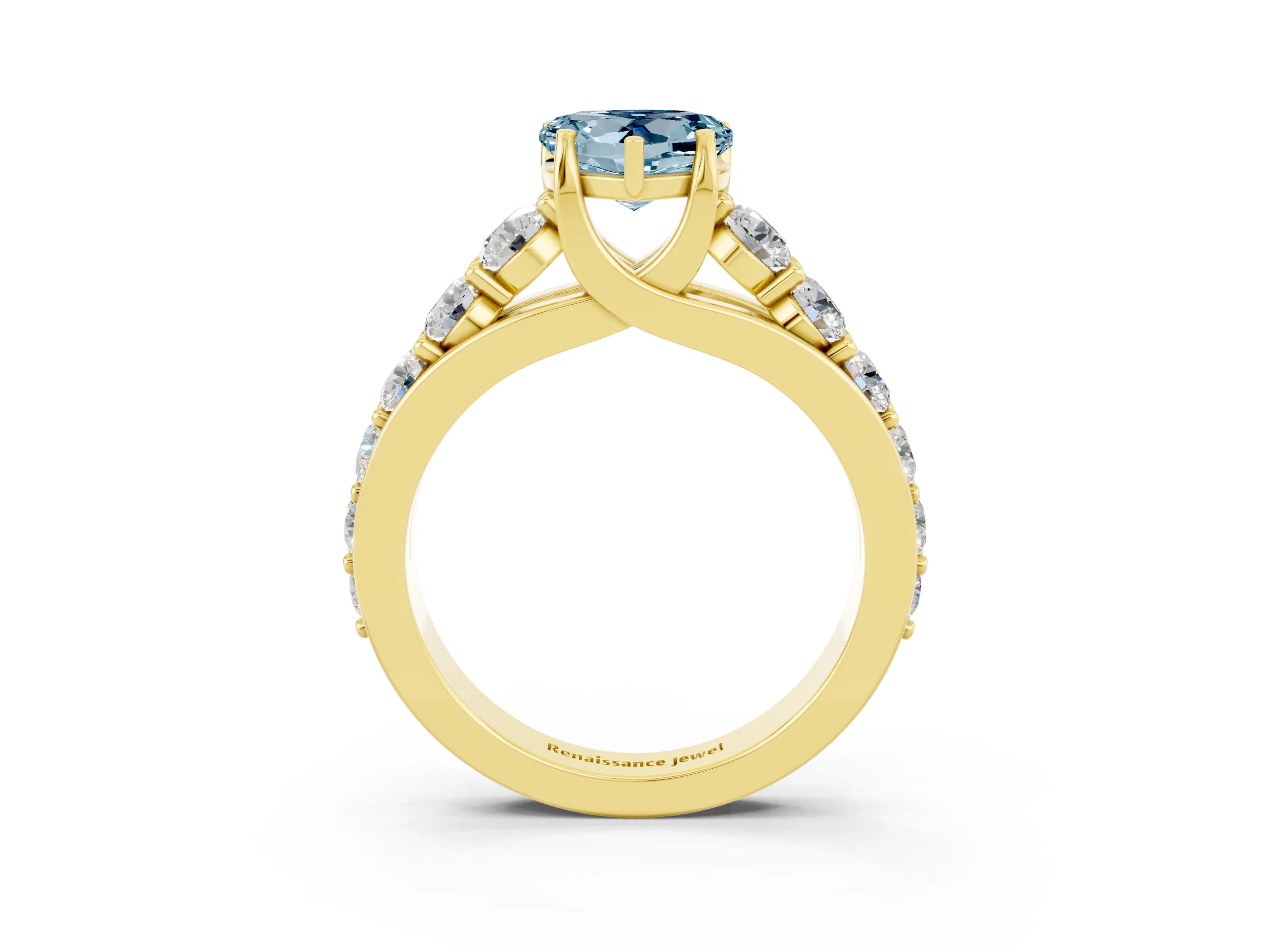 Yellow gold Heart Cut Aquamarine Engagement Ring with Pavé Band and Four-Prong Setting_3