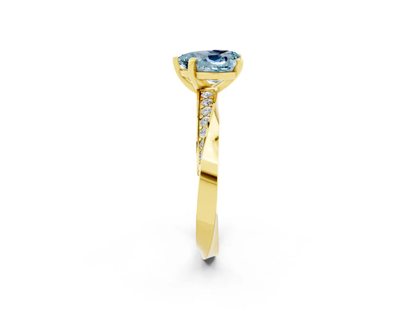 Yellow gold Heart Cut Aquamarine Engagement Ring with Side Stone Accents and Four-Prong Setting