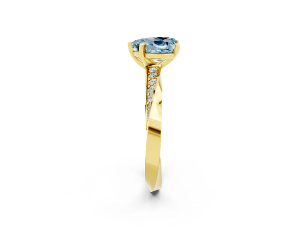 Yellow gold Heart Cut Aquamarine Engagement Ring with Side Stone Accents and Four-Prong Setting