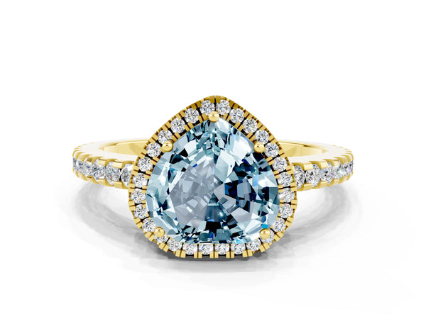 Yellow gold Heart Cut Aquamarine Halo Engagement Ring with Pavé Band and Prong Setting