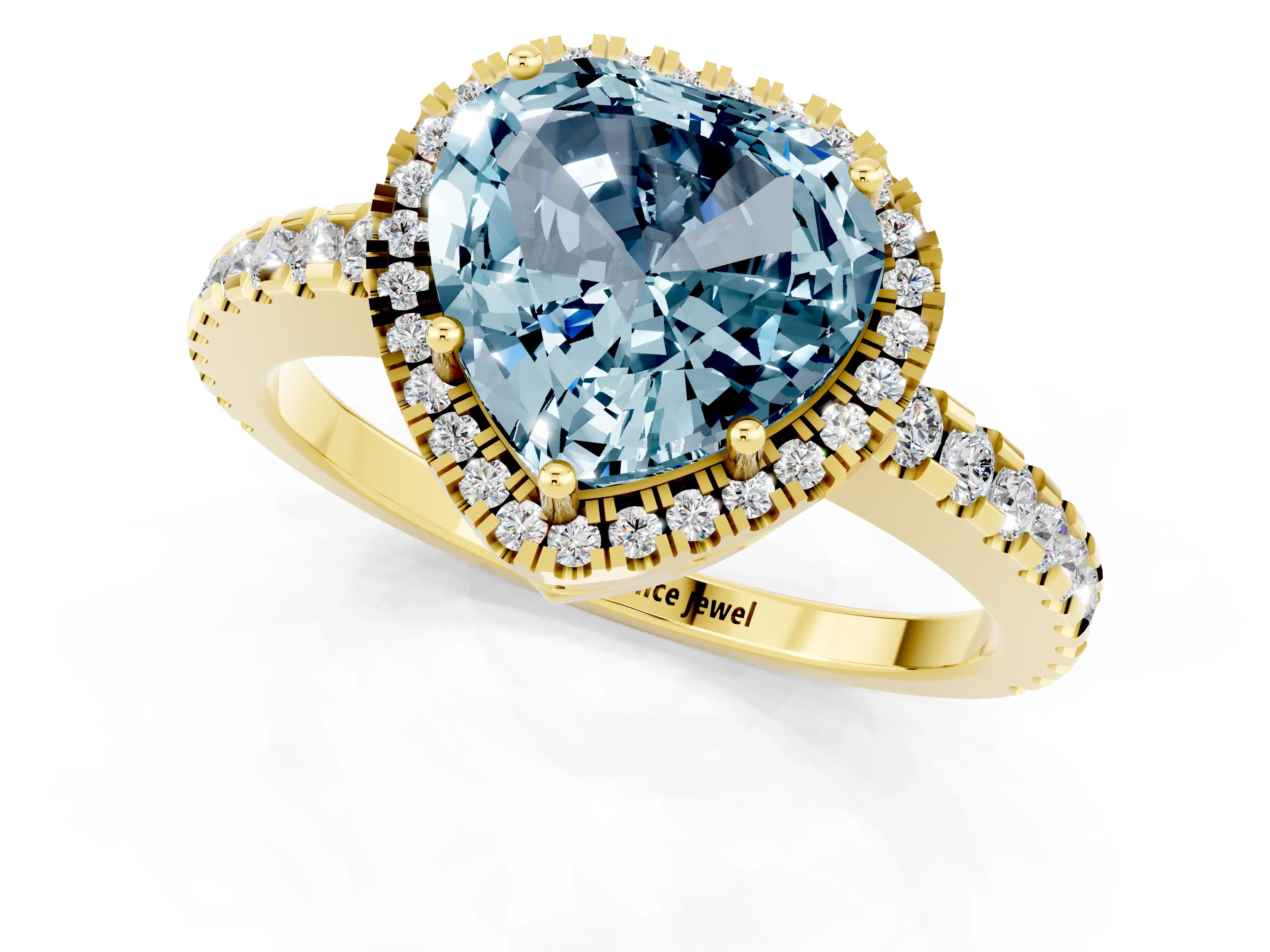 Yellow gold Heart Cut Aquamarine Halo Engagement Ring with Pavé Band and Prong Setting_13