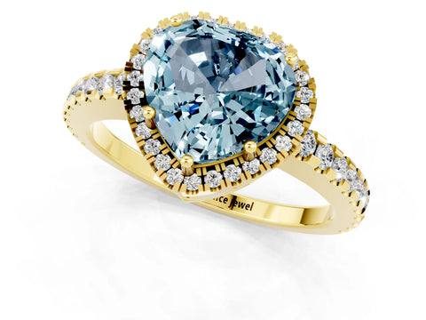 Yellow gold Heart Cut Aquamarine Halo Engagement Ring with Pavé Band and Prong Setting_13