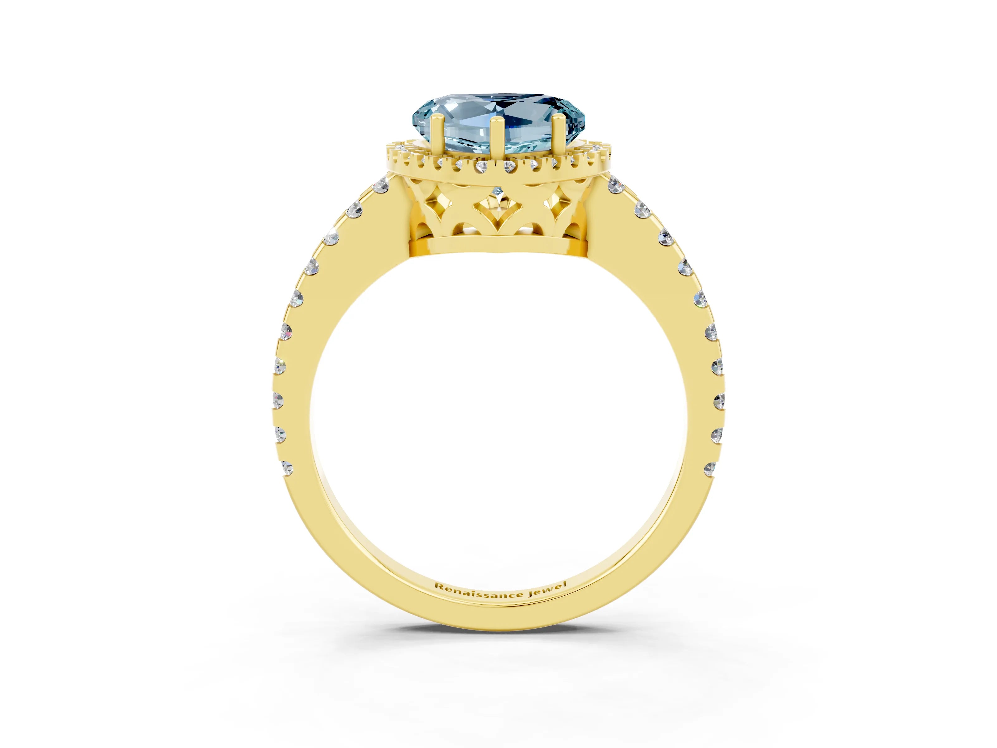 Yellow gold Heart Cut Aquamarine Halo Engagement Ring with Pavé Band and Prong Setting_15