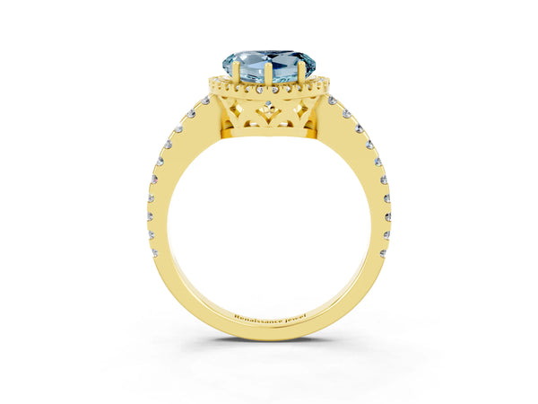 Yellow gold Heart Cut Aquamarine Halo Engagement Ring with Pavé Band and Prong Setting