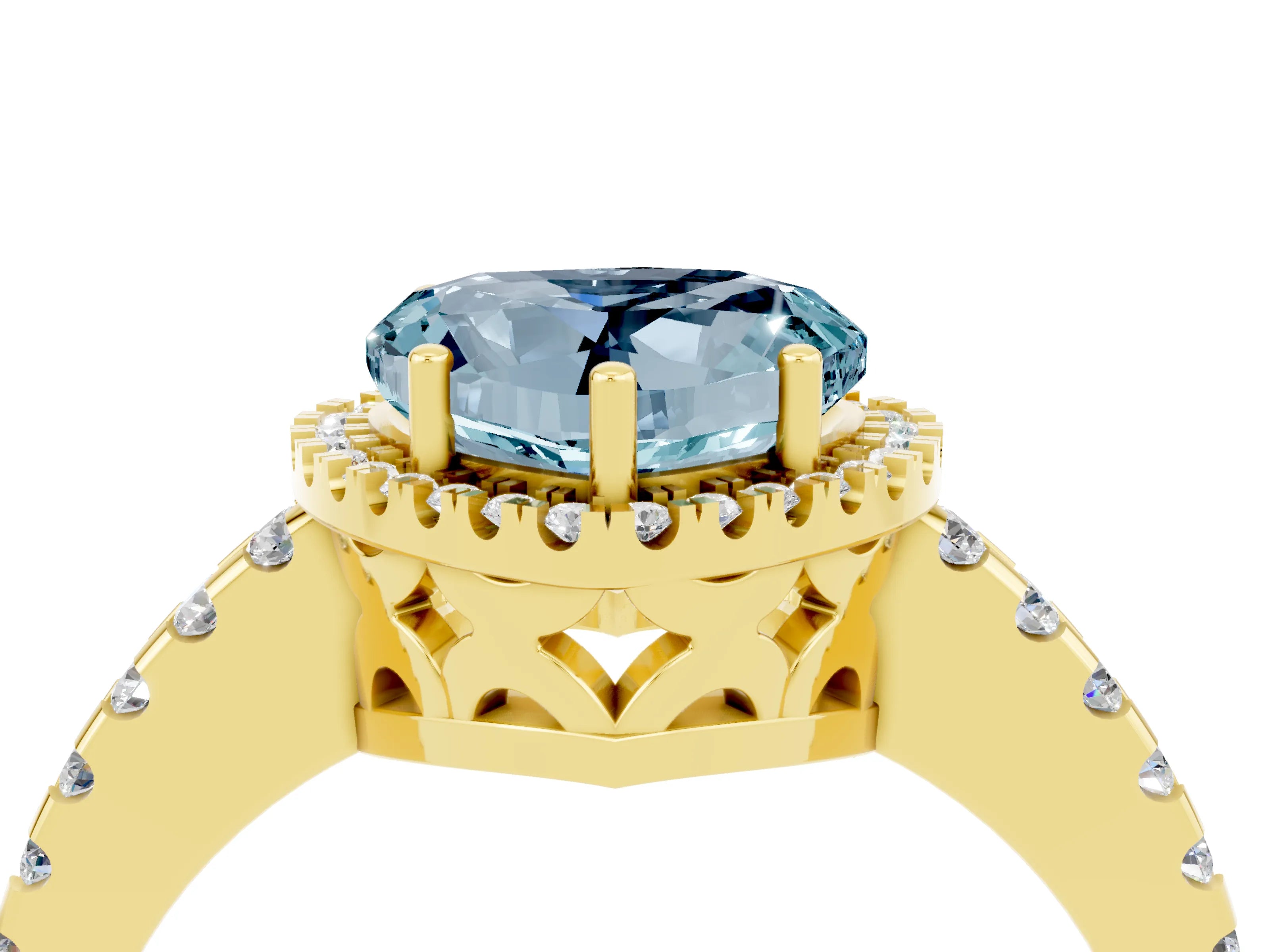 Yellow gold Heart Cut Aquamarine Halo Engagement Ring with Pavé Band and Prong Setting_16