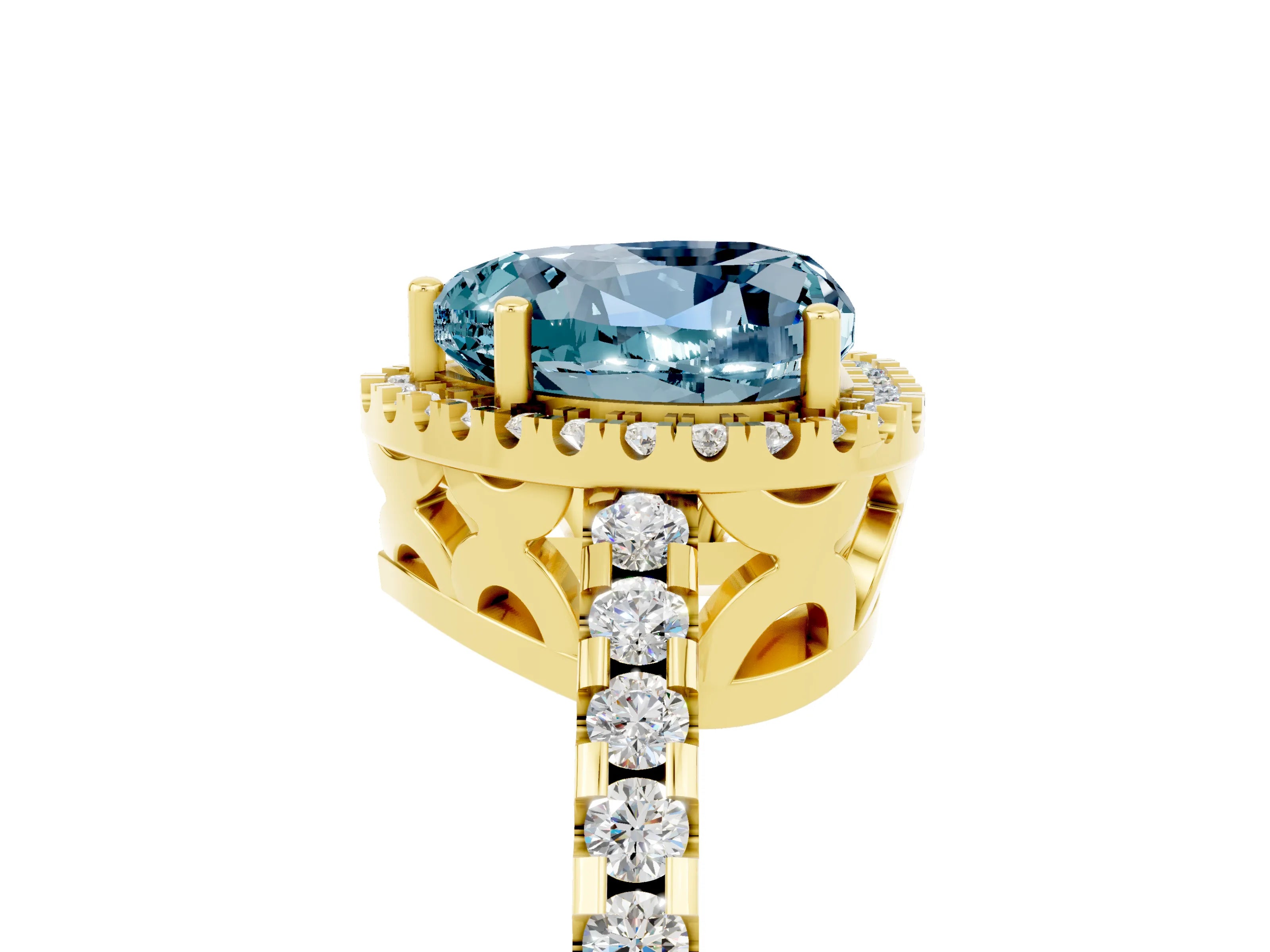 Yellow gold Heart Cut Aquamarine Halo Engagement Ring with Pavé Band and Prong Setting_17