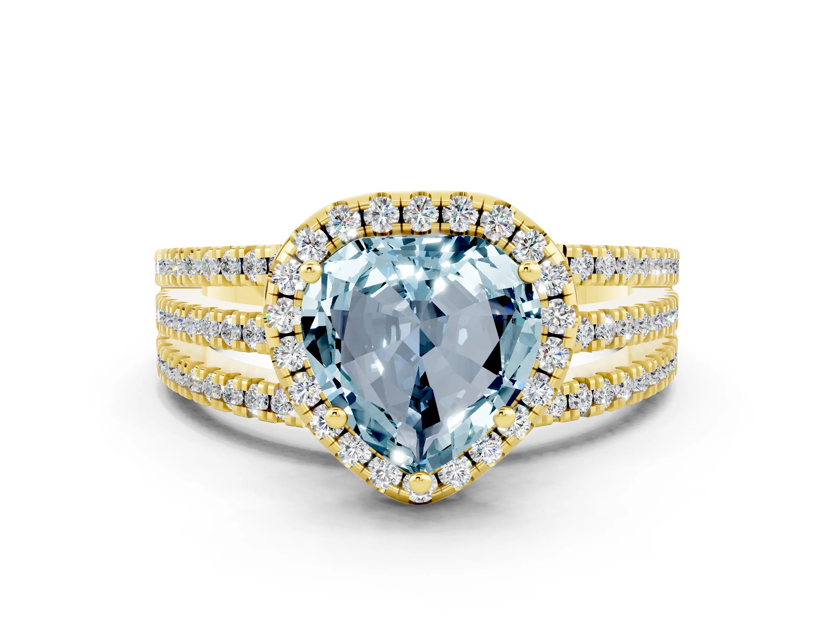 Yellow gold Heart Cut Aquamarine Halo Engagement Ring with Split Shank and Four-Prong Setting