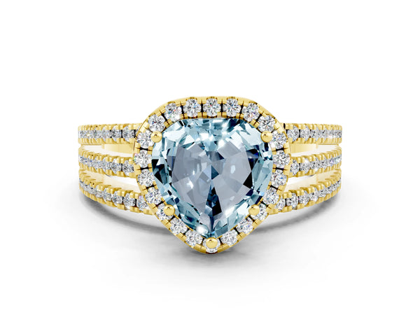Yellow gold Heart Cut Aquamarine Halo Engagement Ring with Split Shank and Four-Prong Setting