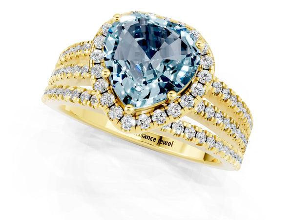 Yellow gold Heart Cut Aquamarine Halo Engagement Ring with Split Shank and Four-Prong Setting