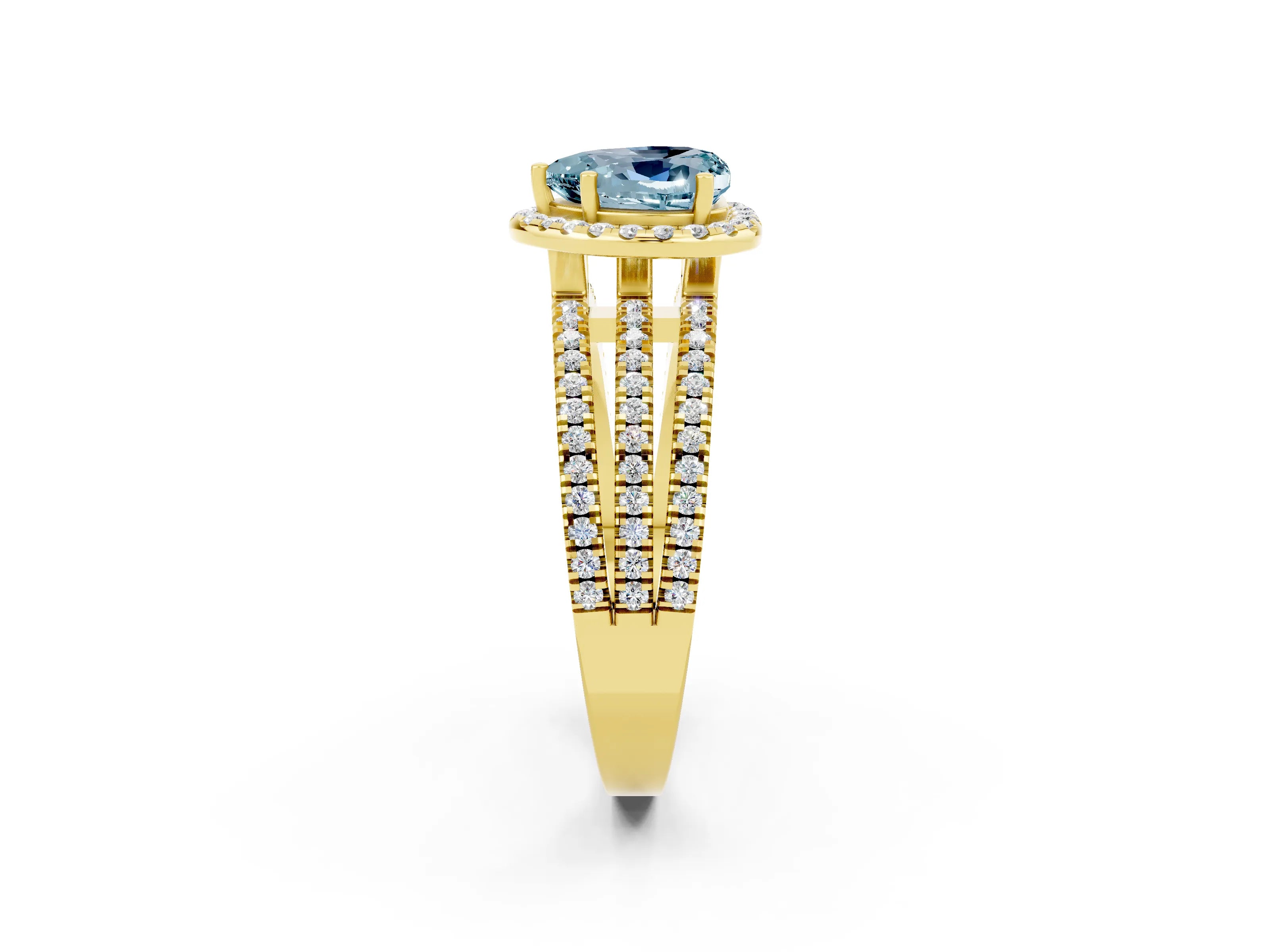 Yellow gold Heart Cut Aquamarine Halo Engagement Ring with Split Shank and Four-Prong Setting_2