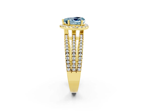 Yellow gold Heart Cut Aquamarine Halo Engagement Ring with Split Shank and Four-Prong Setting