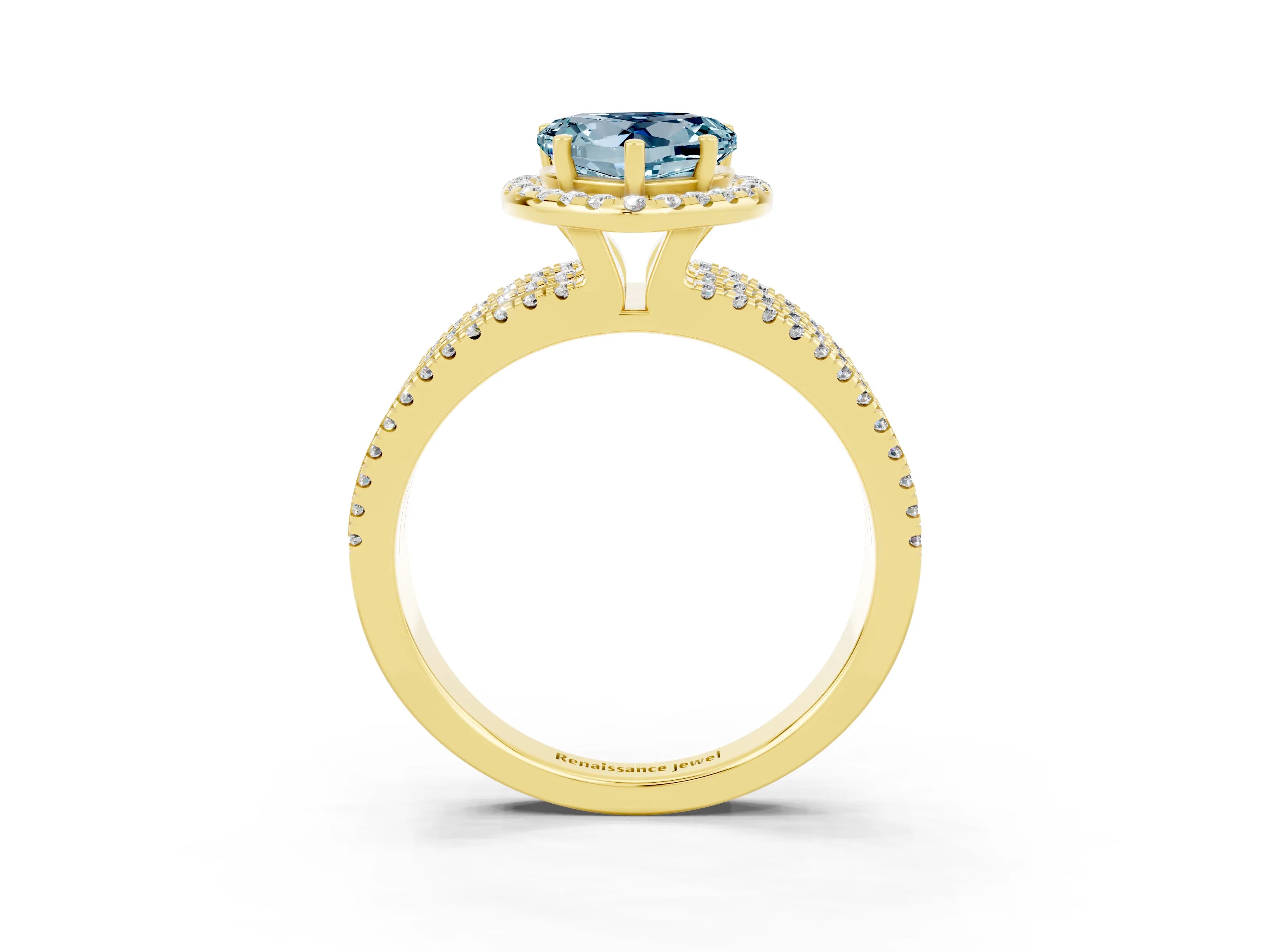 Yellow gold Heart Cut Aquamarine Halo Engagement Ring with Split Shank and Four-Prong Setting_3