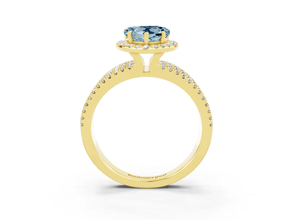 Yellow gold Heart Cut Aquamarine Halo Engagement Ring with Split Shank and Four-Prong Setting
